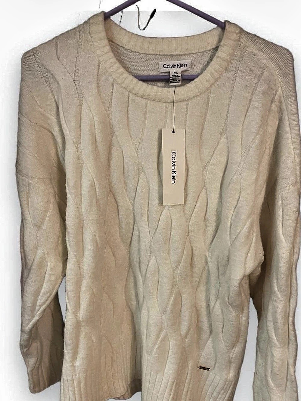Calvin Klein Cotton Cable Knit Sweater Cable Knit Crewneck Sweater Cream XL NWT